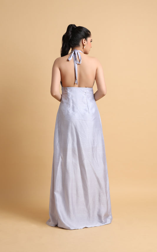 Aube Dorée – Silver Halter Neck Satin Gown with Front Slit