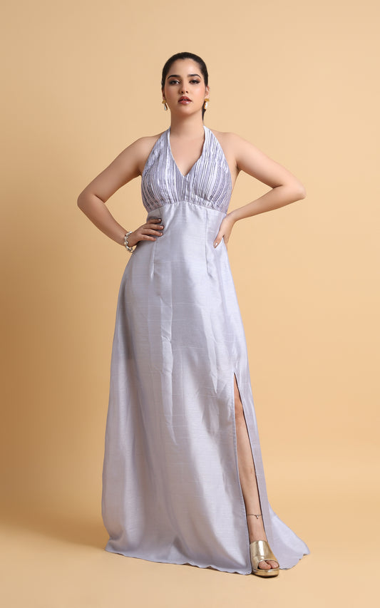 Aube Dorée – Silver Halter Neck Satin Gown with Front Slit