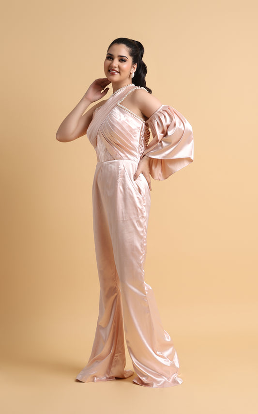 Galaxie – Pearl-Edged One Sleeve Satin Jumpsuit