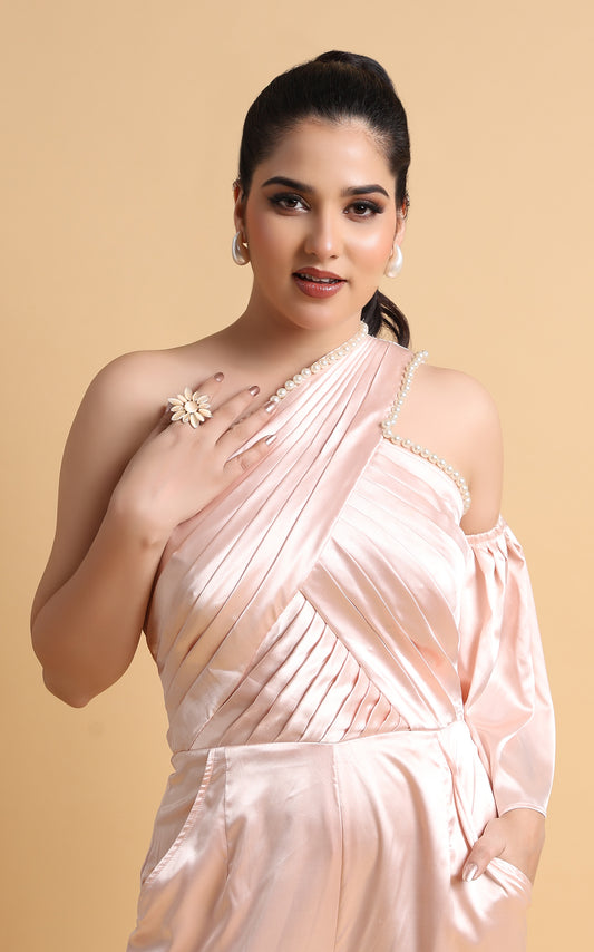 Galaxie – Pearl-Edged One Sleeve Satin Jumpsuit