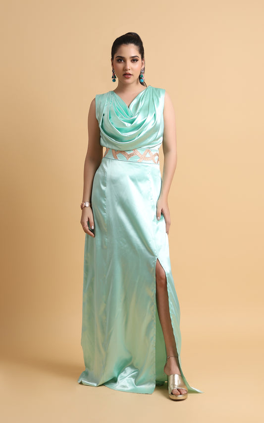 Lueur – Aqua Satin Cowl Neck Dress with Embroidered Waist