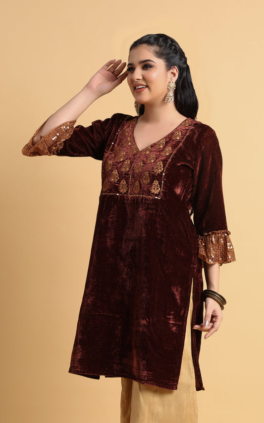 Leya - Maroon Velvet Embroidered Kurti with Sequin Cuff Sleeves