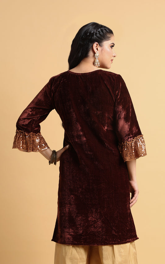 Leya - Maroon Velvet Embroidered Kurti with Sequin Cuff Sleeves