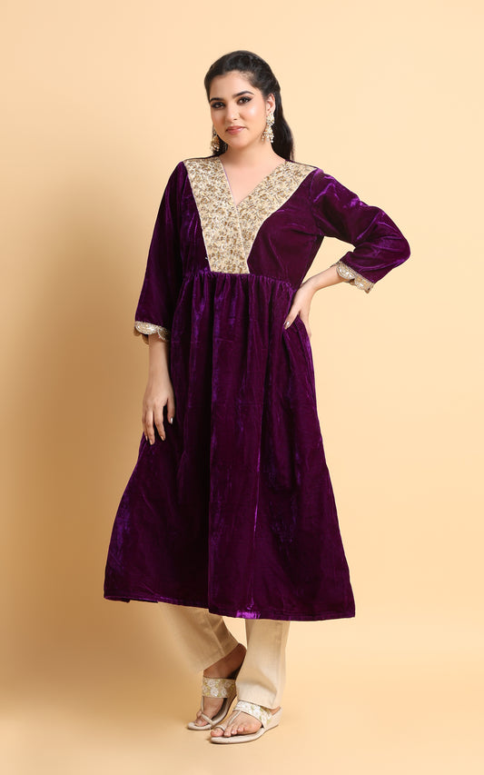 Neva Velvet Anarkali Kurta with Golden Embroidered Detailing
