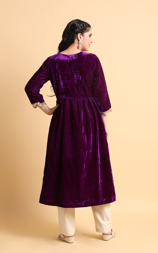 Neva Velvet Anarkali Kurta with Golden Embroidered Detailing