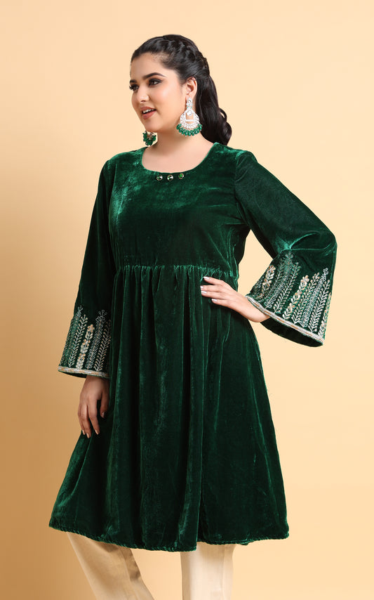Kera Green Velvet Flared Sleeves Kurta for Women