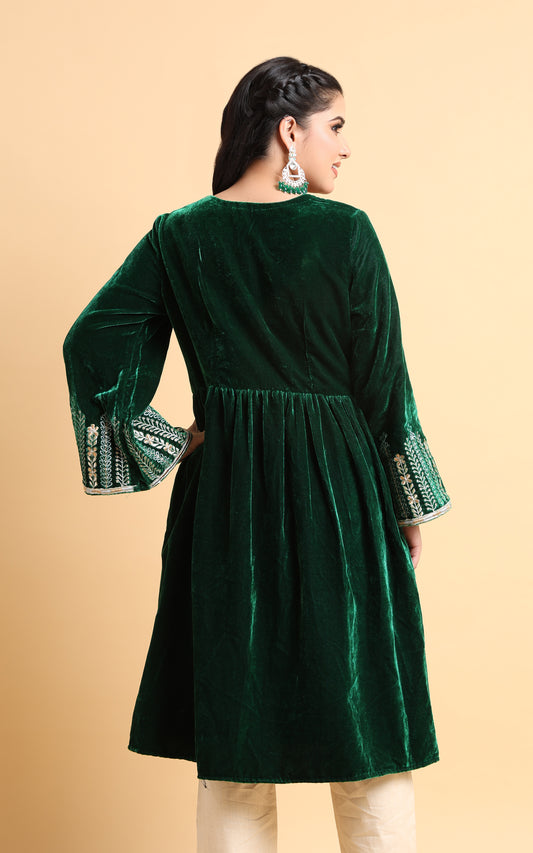 Kera Green Velvet Flared Sleeves Kurta for Women