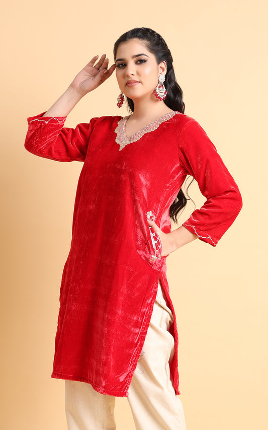 Iyla – Red Velvet Embellished Kurta for Women