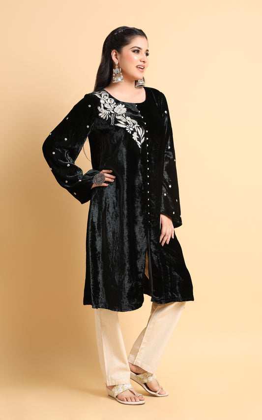 Sira – Black Velvet Flared Kurta with Embroidered Detailing
