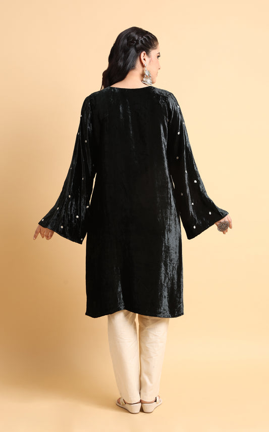 Sira – Black Velvet Flared Kurta with Embroidered Detailing