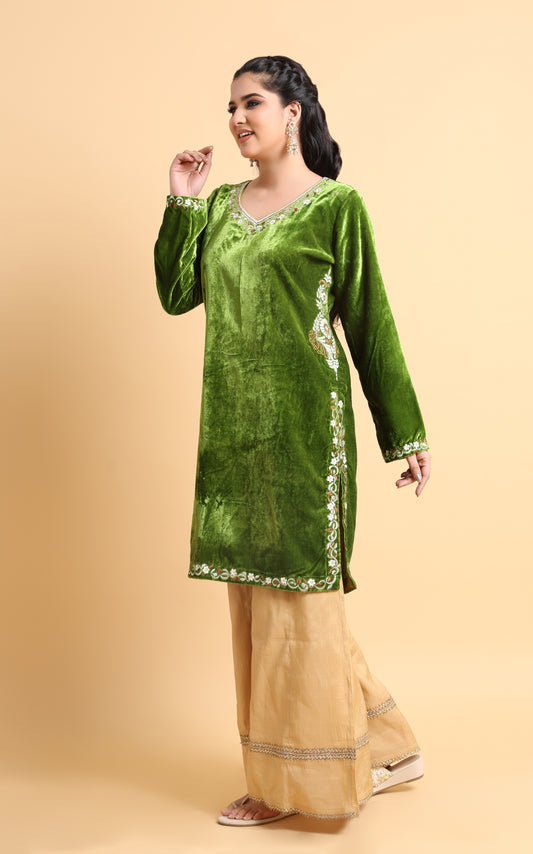 Arna - Light Green Velvet Embroidered Kurti with Scalloped Sleeves