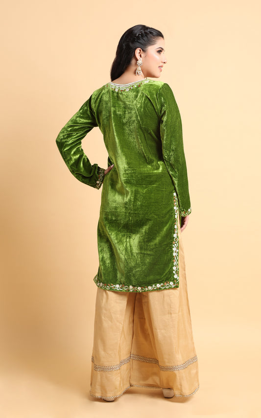 Arna - Light Green Velvet Embroidered Kurti with Scalloped Sleeves