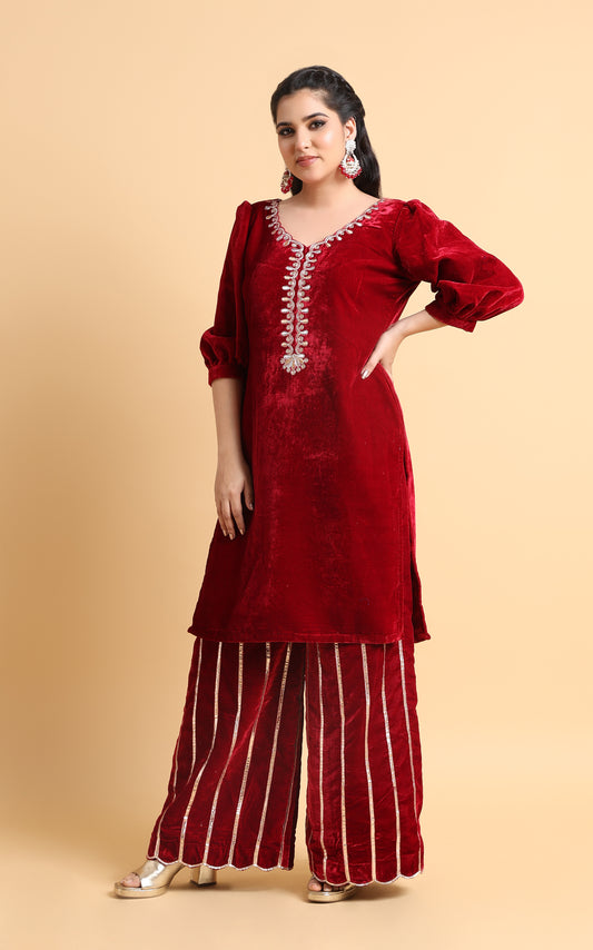 Vritti – Crimson Velvet Kurti with Mirror Embroidery