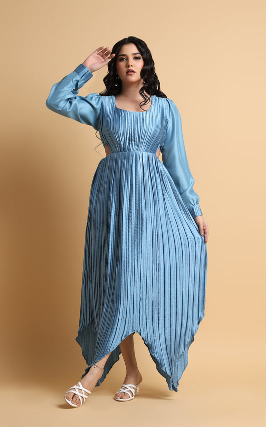 Âme Sœur – Blue Pleated Cut-Out Dress with Handkerchief Hem
