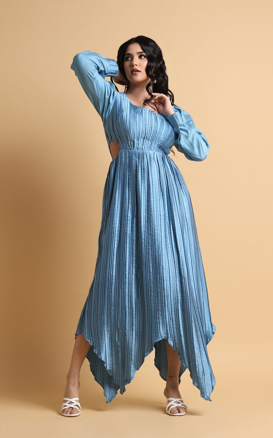 Âme Sœur – Blue Pleated Cut-Out Dress with Handkerchief Hem