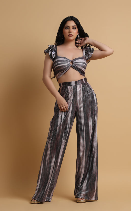 Mon Chéri – Metallic Bustier Co-Ord Set with Wide-Leg Trousers