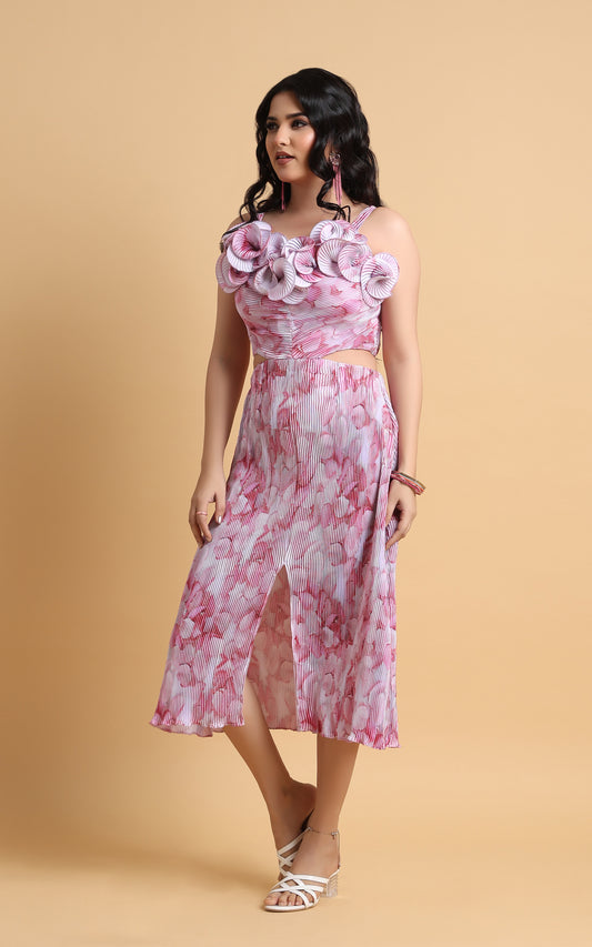 Jouissance – Pleated Floral Rosette Midi Dress