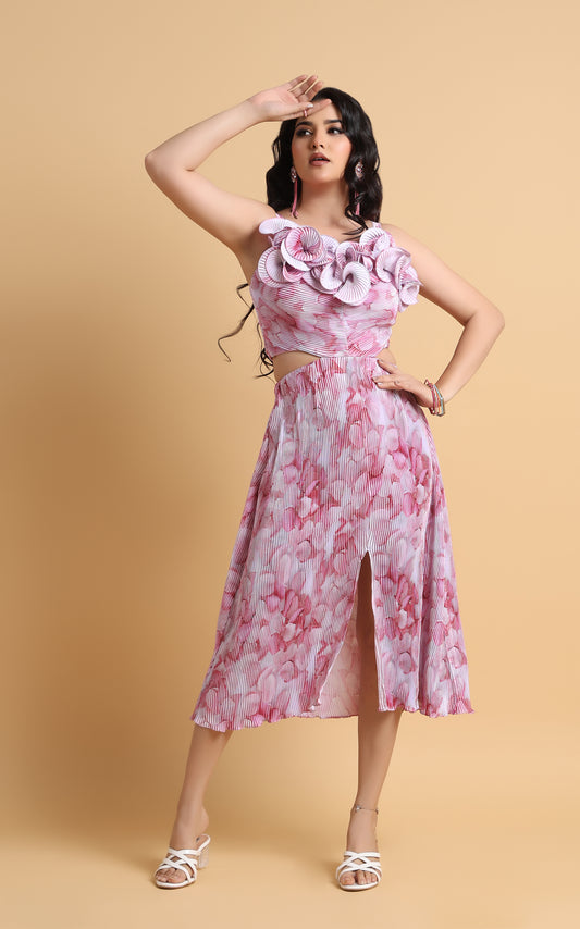 Jouissance – Pleated Floral Rosette Midi Dress