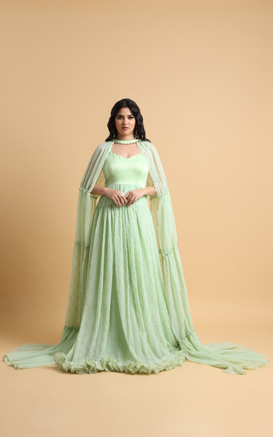 Vaste Ciel – Mint Satin Cape Gown with Embellished Pleated Skirt