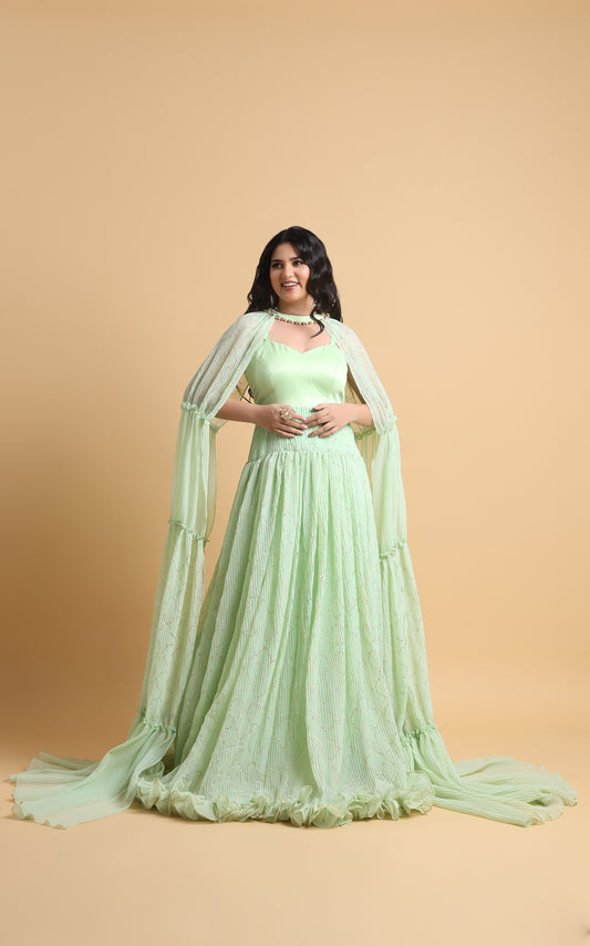 Vaste Ciel – Mint Satin Cape Gown with Embellished Pleated Skirt