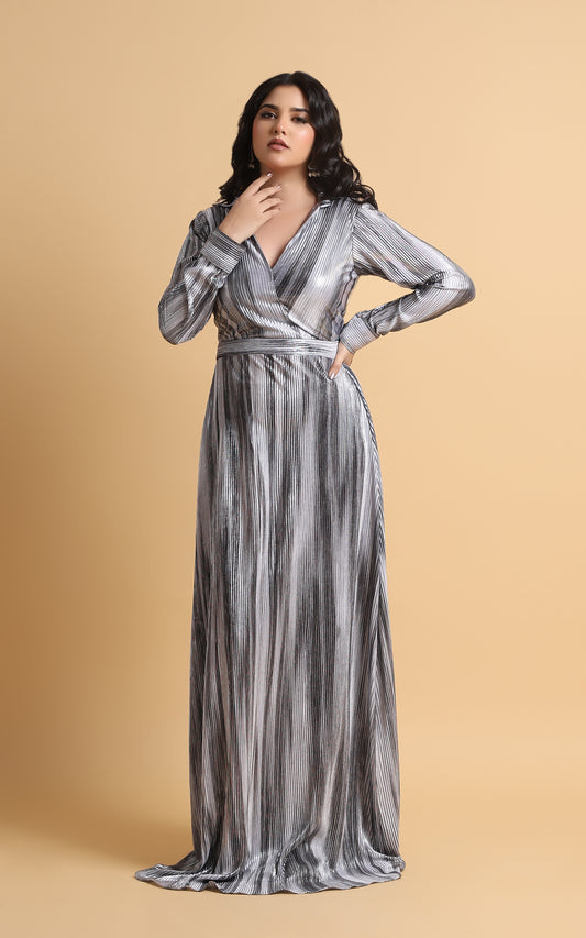 Cascade – Metallic Pleated Wrap Gown