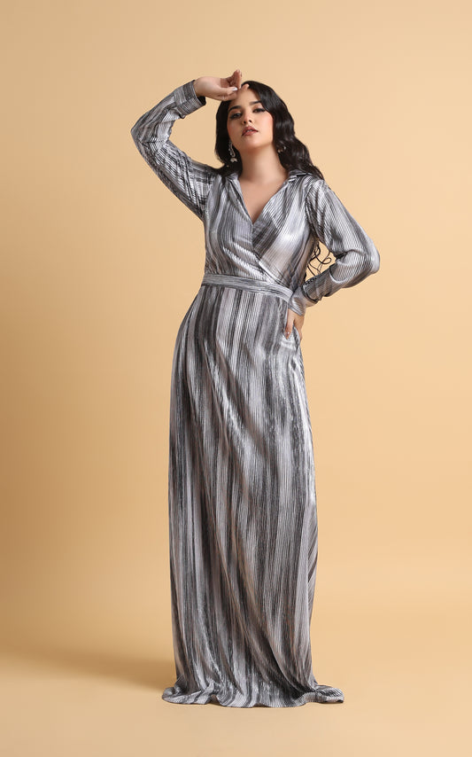 Cascade – Metallic Pleated Wrap Gown