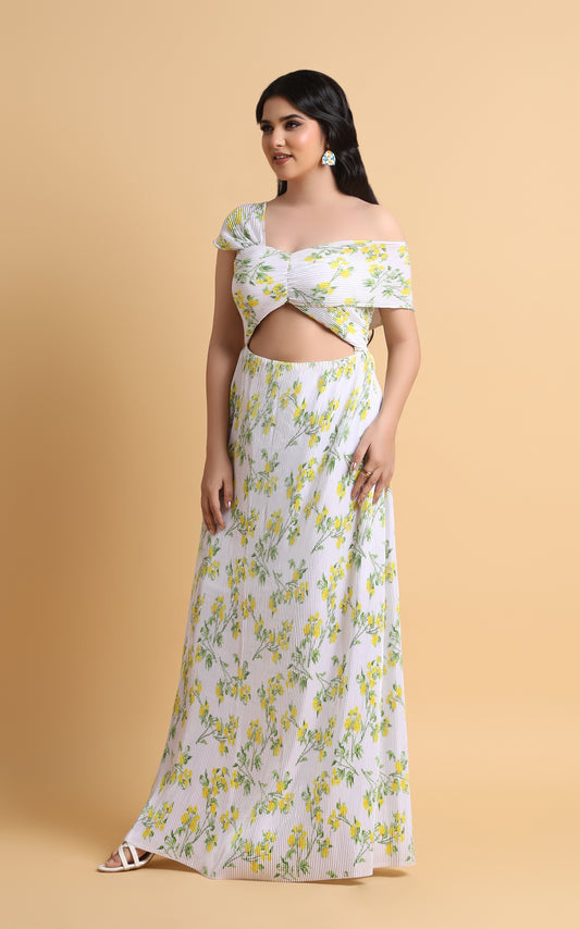 Vivante – Floral Pleated Drop-Shoulder Dress with Twist-Knot Detail