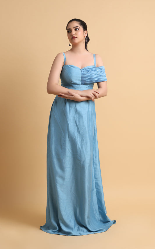 Étreinte – Blue Satin Drape Shoulder Gown