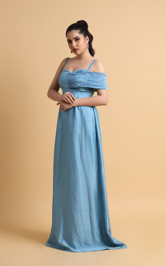Étreinte – Blue Satin Drape Shoulder Gown