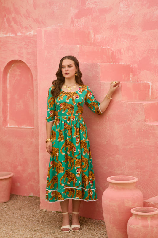 Kora – Back-Tie Fit & Flare Dress in Tiger Print