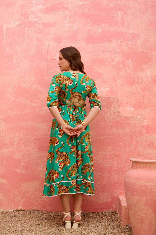 Kora – Back-Tie Fit & Flare Dress in Tiger Print
