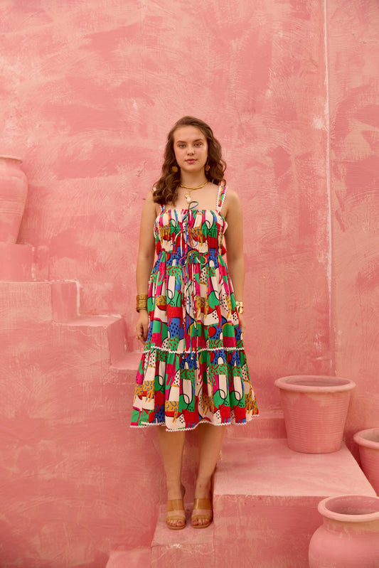 Rangrez – Tiered Gathered Sundress in Abstract Multicolour Print