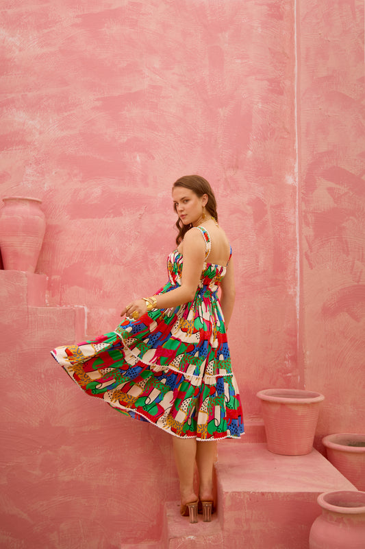 Rangrez – Tiered Gathered Sundress in Abstract Multicolour Print