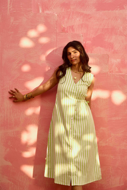 Ayla – Sleeveless Striped Wrap Midi Dress with Button Detail