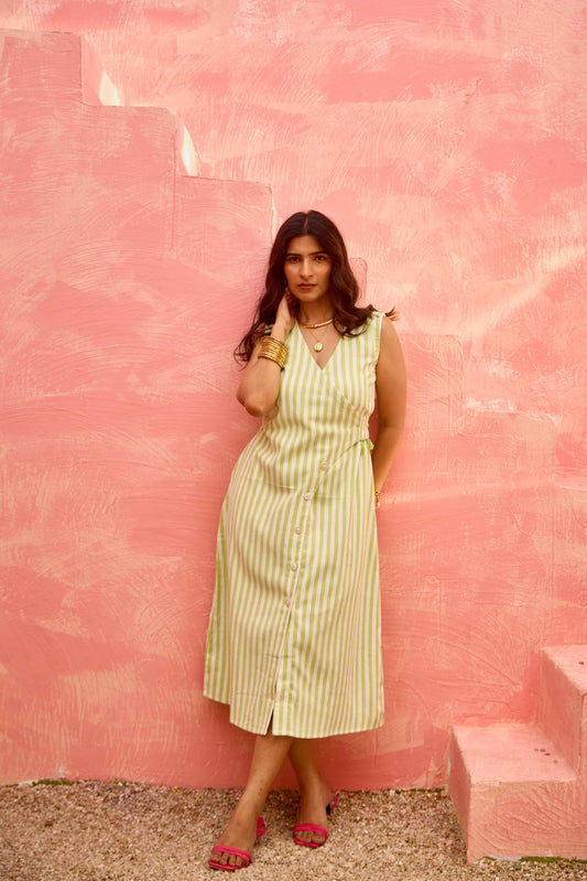 Ayla – Sleeveless Striped Wrap Midi Dress with Button Detail