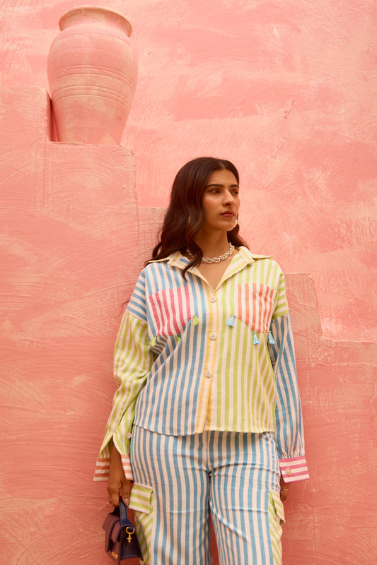Sira – Multi-Patched Striped Shirt with Contrast Pockets
