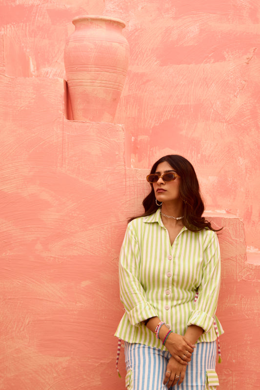 Tela – Green Striped Side Tieable Shirt