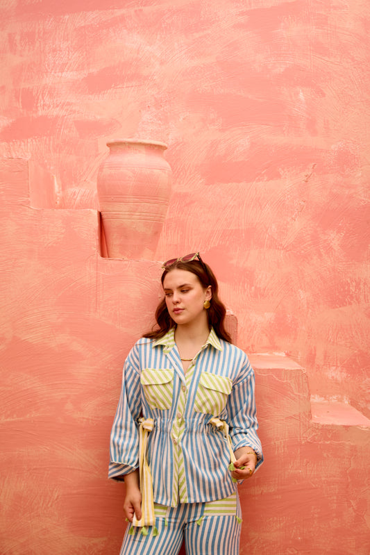 Lira - Striped Drawstring Tieable Shirt with Patch Pockets