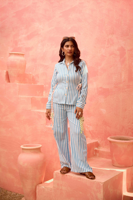 Tela – Blue Striped Side Tieable Shirt