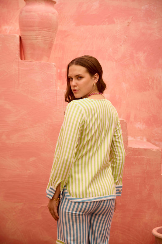 Raya – Striped Short Kurti with Chevron Yoke and Tassel Detailing