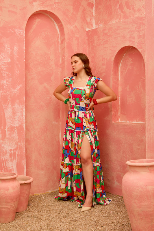 Sajni – The Bow Dress | Vibrant Printed Maxi with Slit