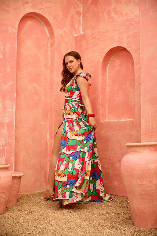Sajni – The Bow Dress | Vibrant Printed Maxi with Slit