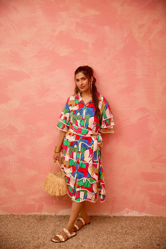Inda – Layered Shirt Dress with Vibrant Abstract Print & Flounce Sleeves