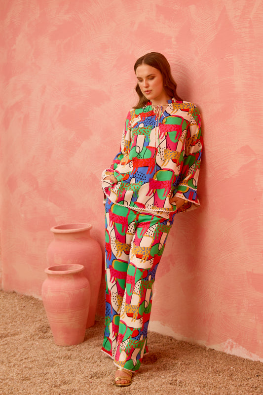 Tiva – Relaxed Fit Mandarin Collar Top & Wide-Leg Pants Co-Ord Set