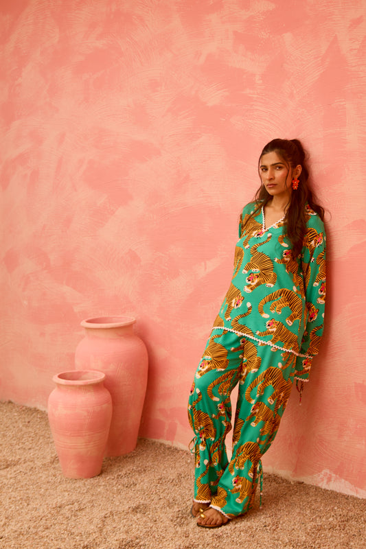 Nuru – Tiger Print Button-Down Top & Adjustable Hem Pants Co-Ord Set