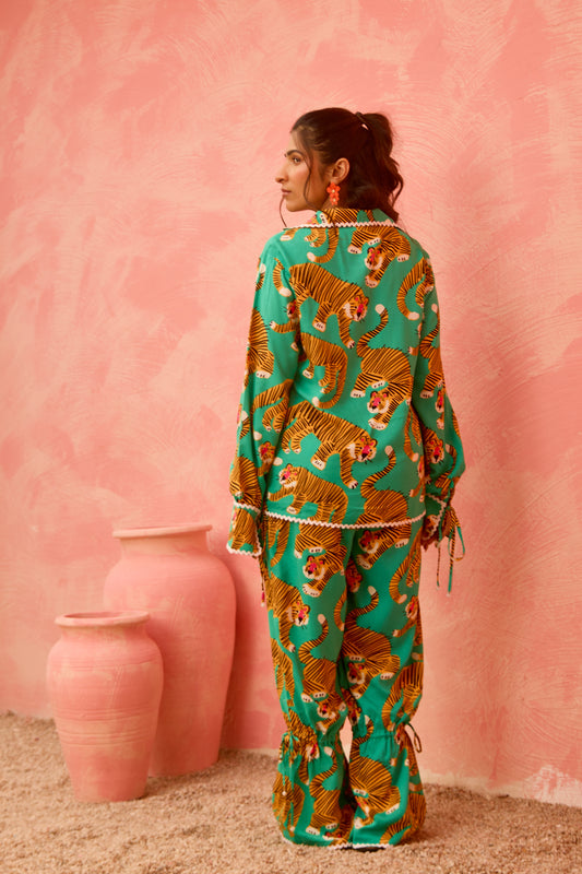 Nuru – Tiger Print Button-Down Top & Adjustable Hem Pants Co-Ord Set