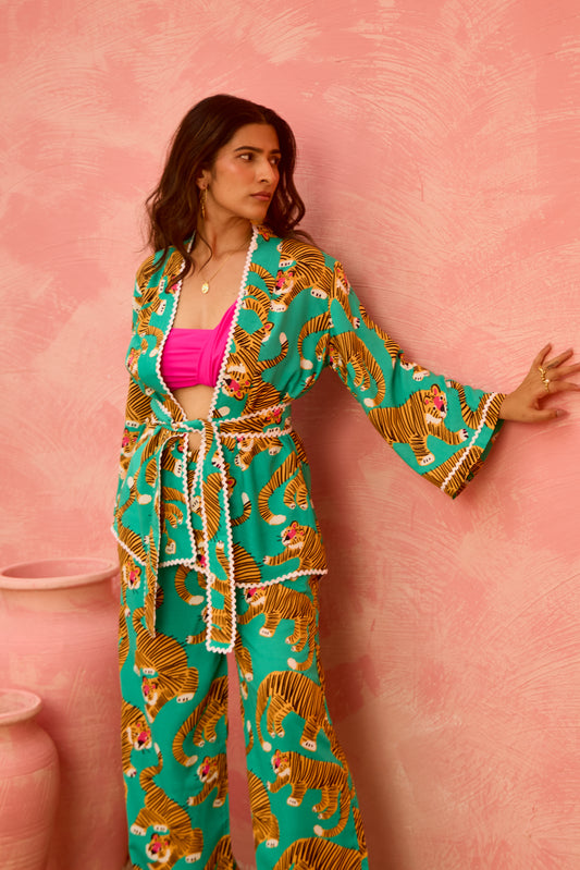 Anuki – Tiger Print Kimono Jacket & Wide-Leg Pants Co-Ord Set