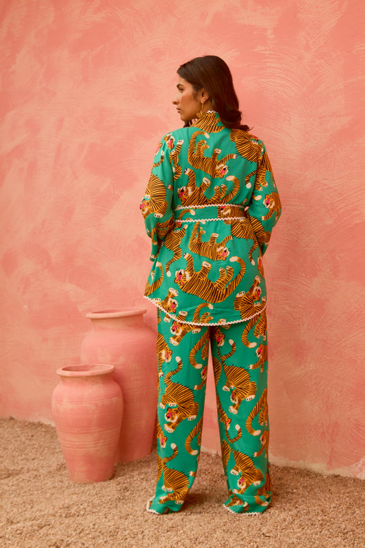 Anuki – Tiger Print Kimono Jacket & Wide-Leg Pants Co-Ord Set