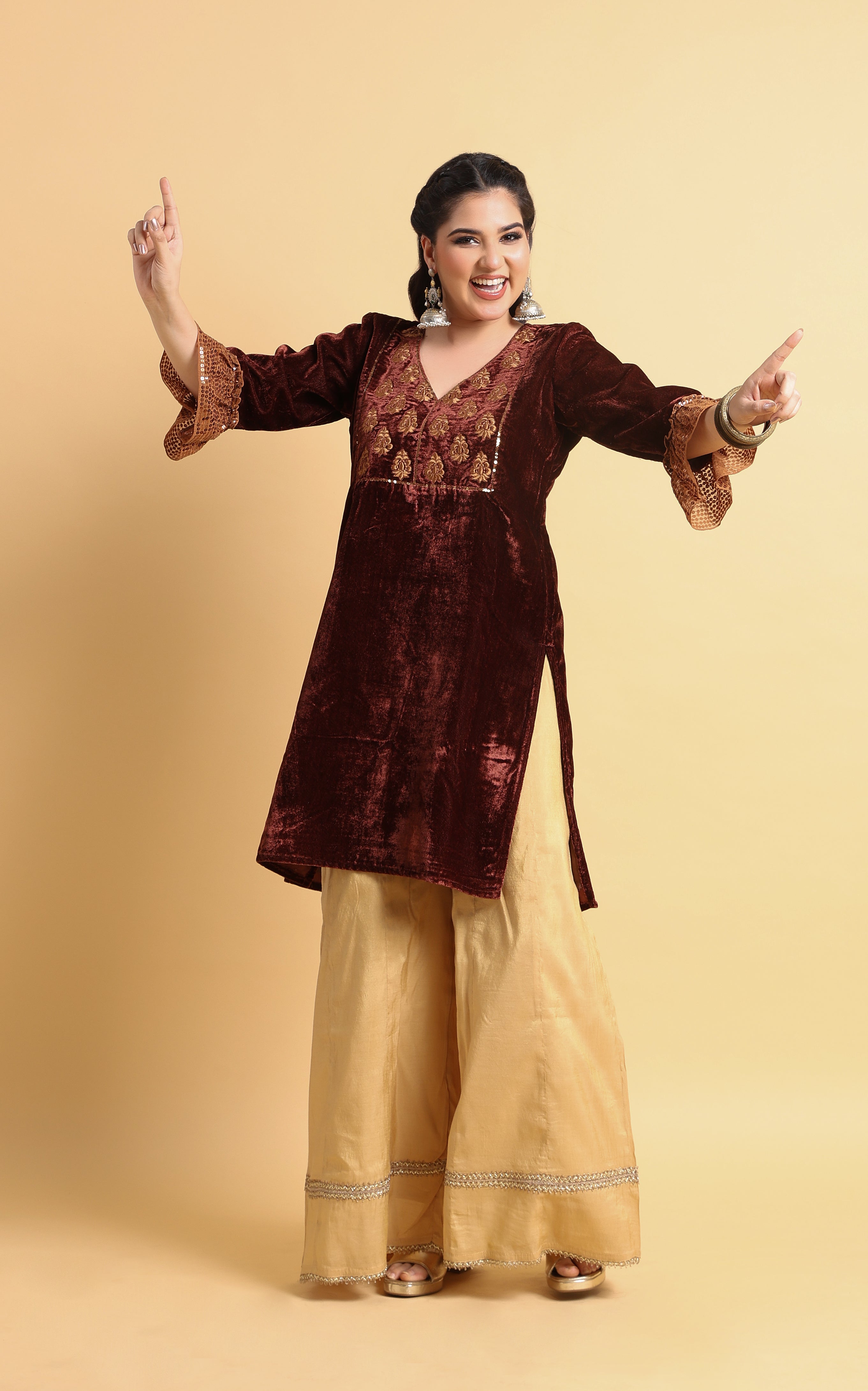 Leya - Maroon Velvet Embroidered Kurti with Sequin Cuff Sleeves