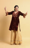 Leya - Maroon Velvet Embroidered Kurti with Sequin Cuff Sleeves